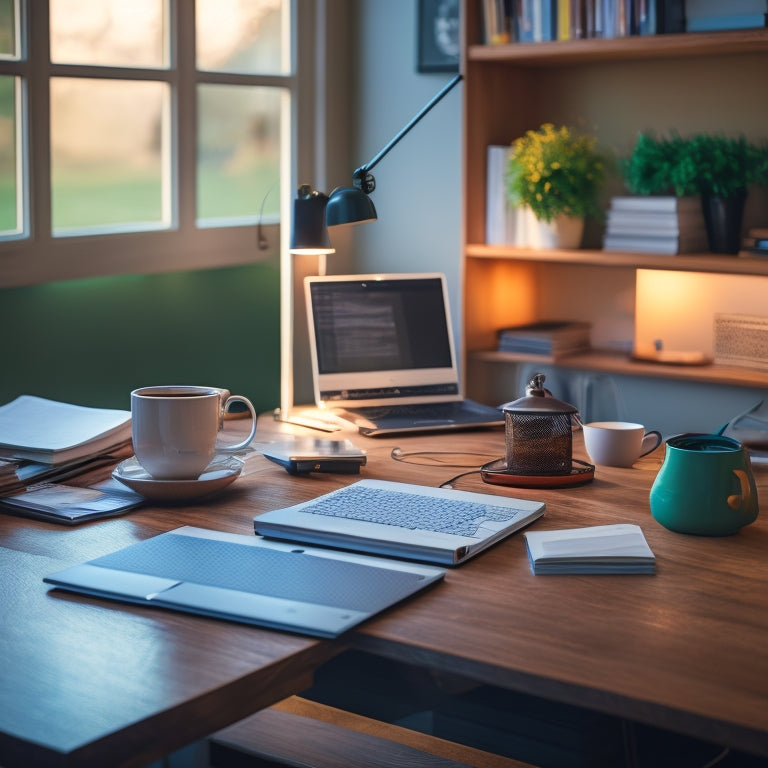 A serene, modern desk with a laptop displaying a math problem, surrounded by scattered textbooks, a calculator, and a cup of steaming coffee, set against a blurred background of a cozy home office.