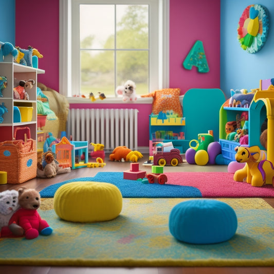 A colorful, clutter-free playroom with a toddler building blocks in the foreground, surrounded by stuffed animals, a push toy, and a few scattered soft toys, with a baby gym in the background.