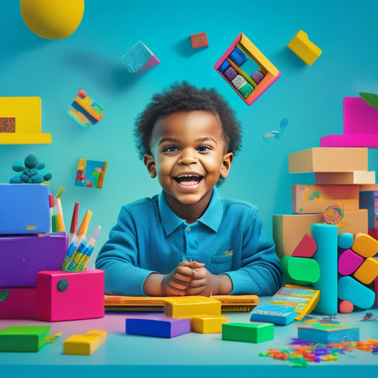 A colorful illustration of a smiling young child sitting at a desk, surrounded by floating tablets and laptops, with alphabet blocks, crayons, and books orbiting around them.