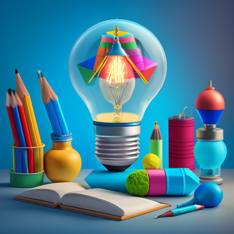 A colorful, stylized illustration of a lightbulb surrounded by various educational symbols, such as pencils, books, and graduation caps, with bold lines and playful shapes.