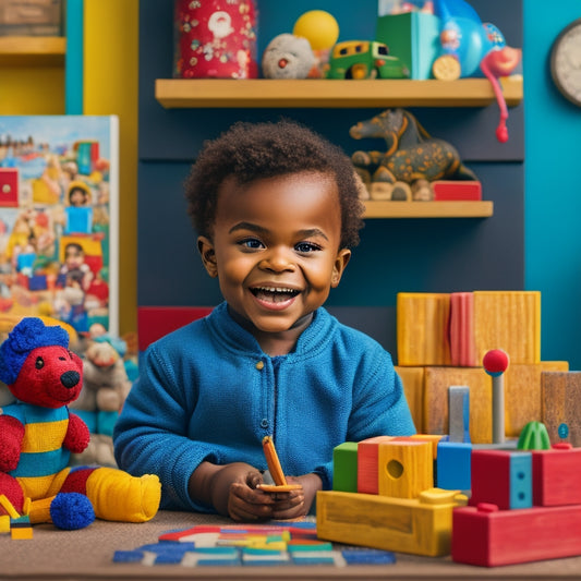 A colorful illustration of a smiling child holding a clipboard and pencil, surrounded by toys and blocks, with a subtle background of a toy store or playroom.