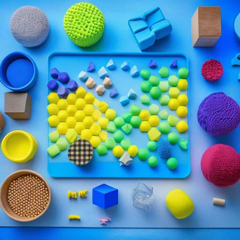 A colorful, clutter-free table displays an assortment of math manipulatives, including differently shaped blocks, counting bears, pattern tiles, and geometric solids, arranged in an inviting and organized manner.