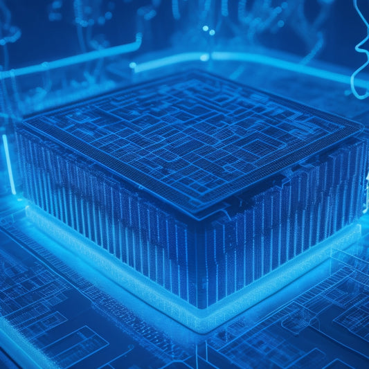 A futuristic, neon-lit brain with glowing blue circuits and wires, surrounded by floating puzzle pieces, chessboards, and labyrinthine paths, with a subtle background of digital code and binary numbers.