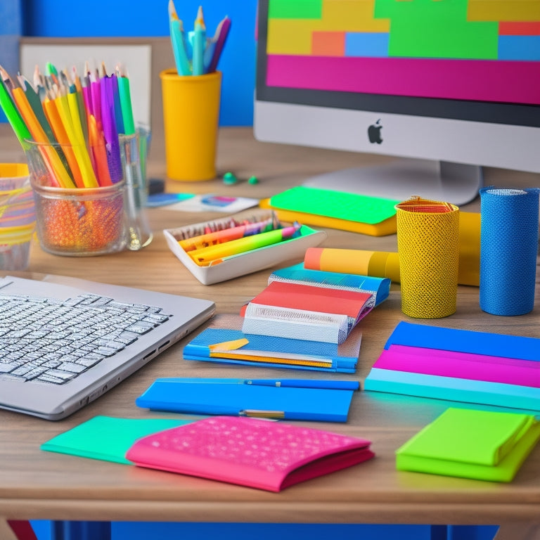 A colorful, organized desk with a laptop, a cup of pencils, and a few sheets of printed math worksheets with fun, kid-friendly illustrations and blank spaces for problems and answers.
