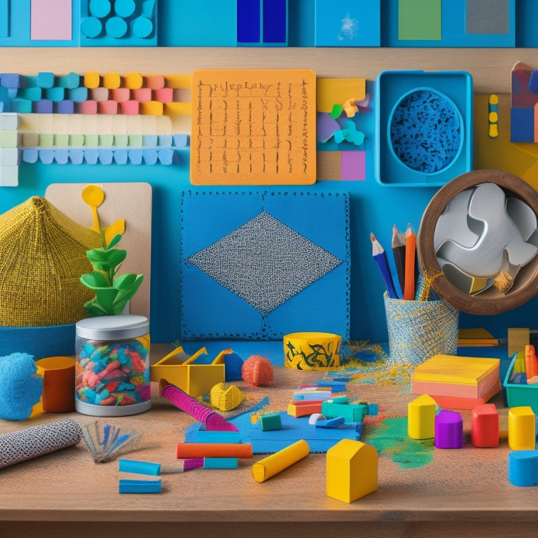 Illustrate a colorful, clutter-free homeschooling space with a curious child surrounded by interactive math tools: pattern blocks, geometry shapes, abacus, and a measuring tape, amidst scattered worksheets and pencils.