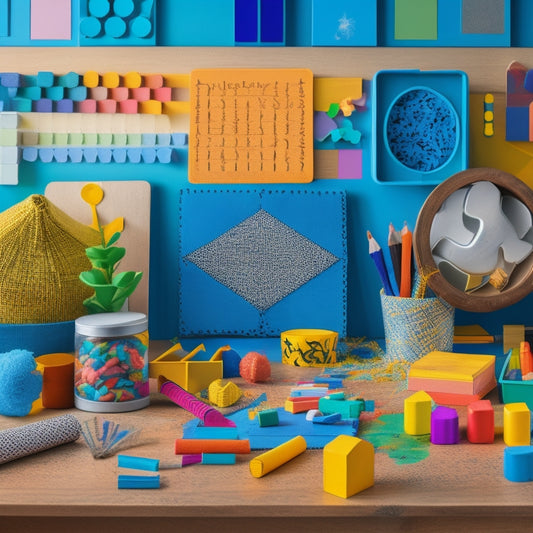 Illustrate a colorful, clutter-free homeschooling space with a curious child surrounded by interactive math tools: pattern blocks, geometry shapes, abacus, and a measuring tape, amidst scattered worksheets and pencils.