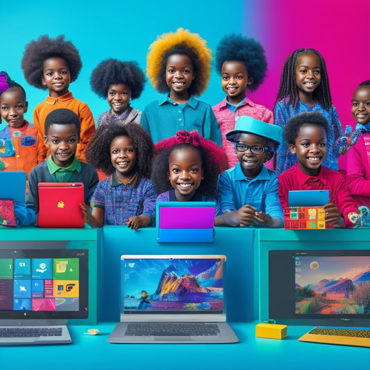 A colorful illustration of 10 tablets or laptops, each with a different coding software interface on the screen, surrounded by coding blocks, robots, and joyful kids of diverse ages and ethnicities.