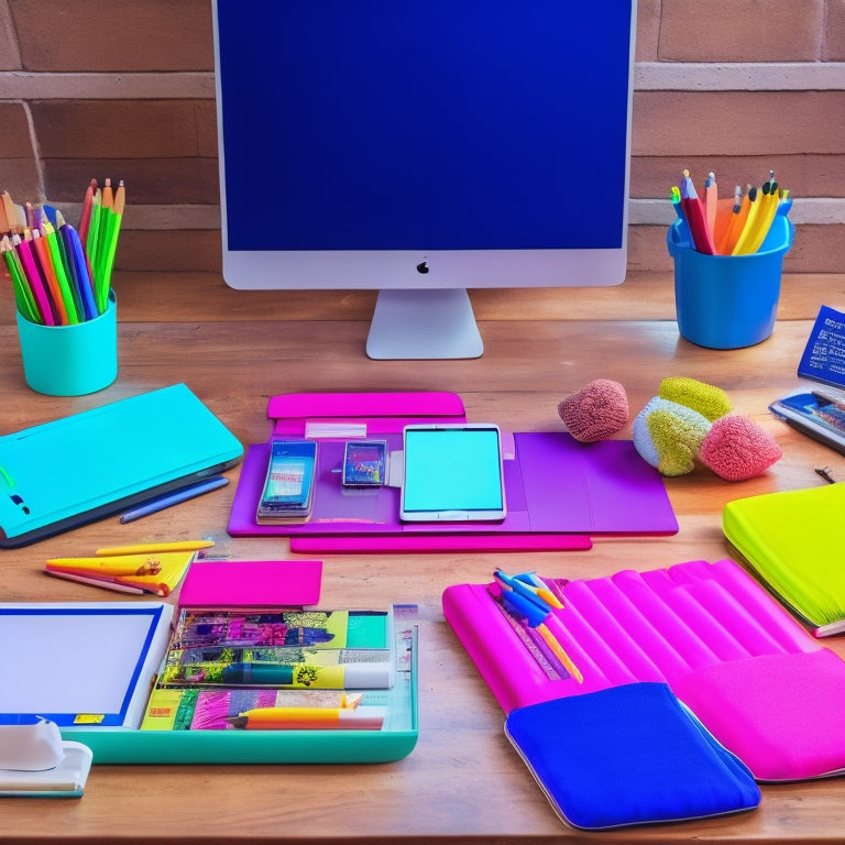 A colorful, clutter-free desk with 7 tablets or iPads, each displaying a different educational app, surrounded by pencils, crayons, and a few open textbooks, with a subtle background of a classroom or library.