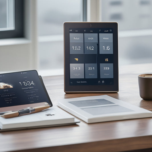 A minimalist digital dashboard featuring a tablet with a split-screen display, showcasing a calendar, clock, and puzzle pieces, surrounded by scattered notes, books, and a subtle brain outline in the background.