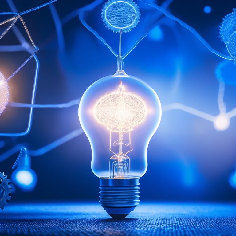 A futuristic, minimalist background with a large, glowing lightbulb at the center, surrounded by orbiting puzzle pieces, gears, and brain silhouettes, all interconnected by faint, shimmering threads.