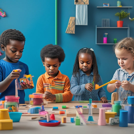 An illustration depicting a diverse group of children engaged in various hands-on activities, such as building with blocks, conducting a science experiment, and playing with playdough, surrounded by scattered art supplies and tools.