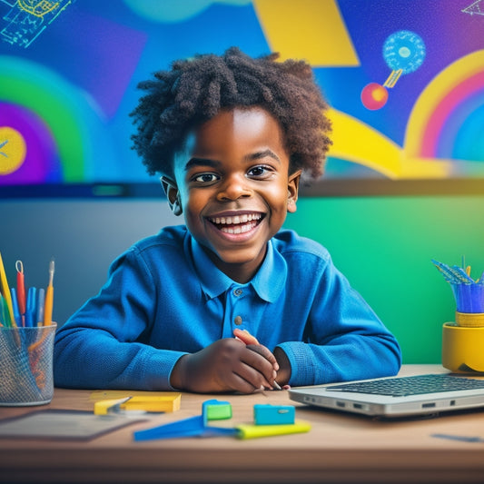 A colorful illustration of a smiling child sitting at a desk, surrounded by math tools and devices, with a laptop open to a interactive math lesson, amidst a background of swirling math symbols and equations.