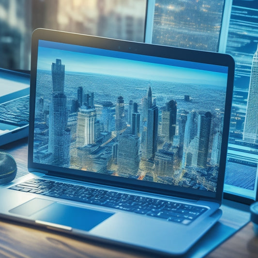 A stylized illustration of a laptop with a magnifying glass hovering above, surrounded by swirling lines and graphs, with a subtle cityscape background, conveying data analysis and online connections.