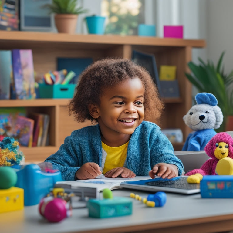 A smiling child sitting at a desk with a laptop, surrounded by educational toys and books, with a subtle background of a virtual classroom with other kids' avatars, and a parent observing from a distance.
