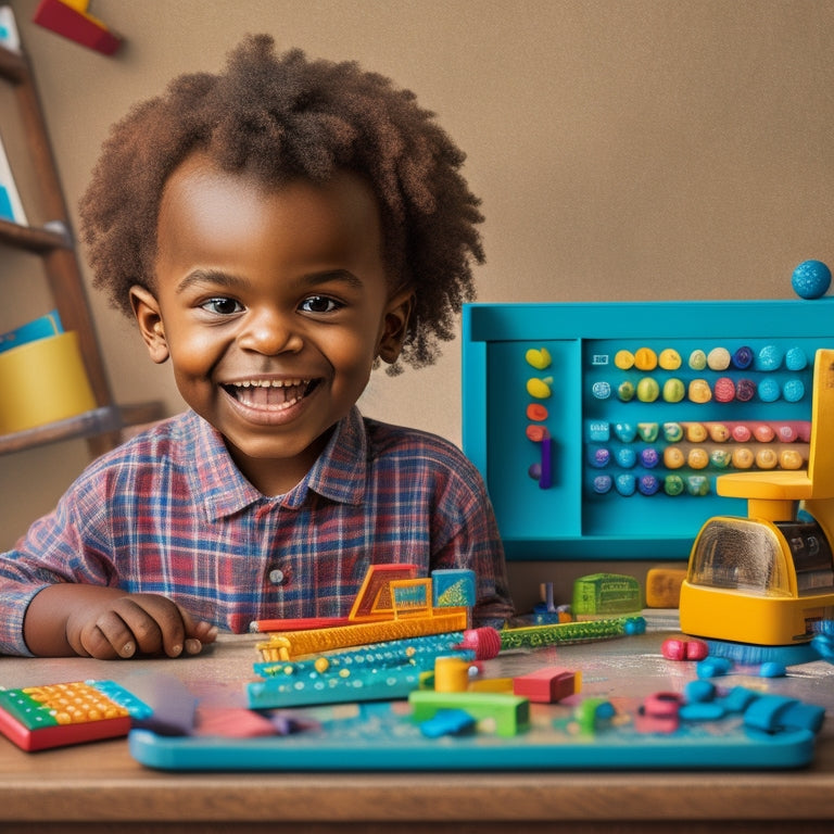 A colorful illustration featuring a smiling child surrounded by various math tools, including a abacus, geometric shapes, a calculator, and a puzzle, with subtle math symbols and equations in the background.