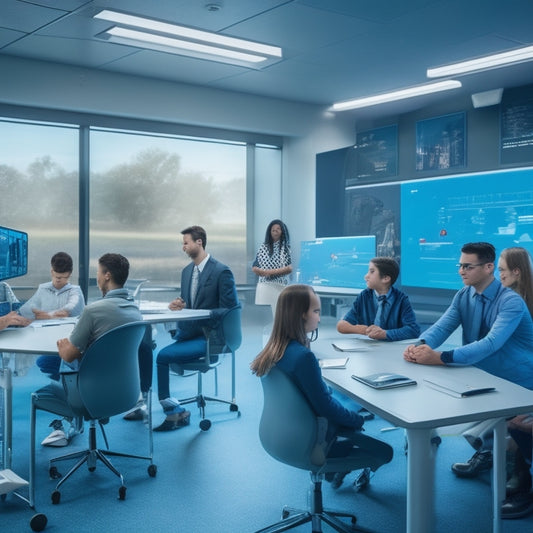 An futuristic classroom with sleek, minimalist desks and chairs, surrounded by augmented reality screens, robots, and virtual reality headsets, with students of diverse ages and abilities engaging with interactive lessons.