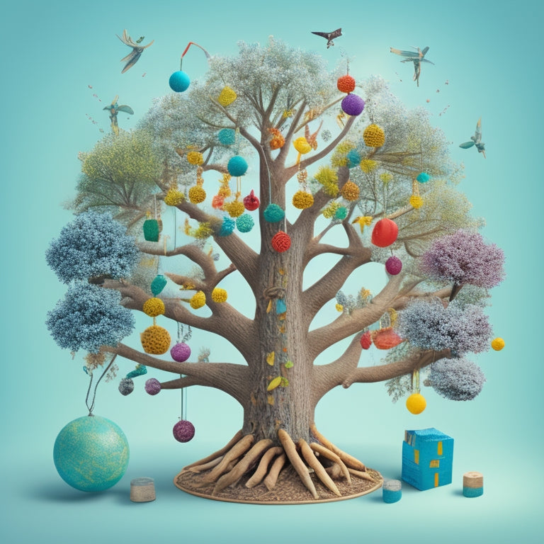 A whimsical illustration of a tree with branches dividing into three sections, each representing a different age group (toddler, child, teenager), with math and science toys and objects suspended from each branch.