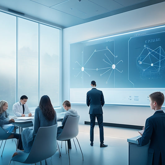 A futuristic, minimalist classroom with a single student surrounded by floating, glowing math problems and equations, interacting with a sleek, touchscreen tablet displaying a digital math textbook.