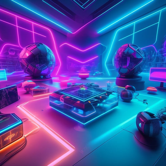 A futuristic, neon-lit background with 3D geometric shapes and mathematical symbols scattered throughout, surrounded by virtual reality headsets and gaming controllers.