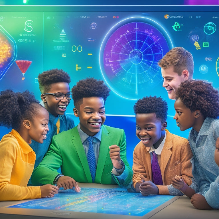 An illustration featuring a diverse group of 5-7 excited students gathered around a large, futuristic touchscreen display, surrounded by colorful math symbols and equations, with virtual 3D shapes and graphs floating above.