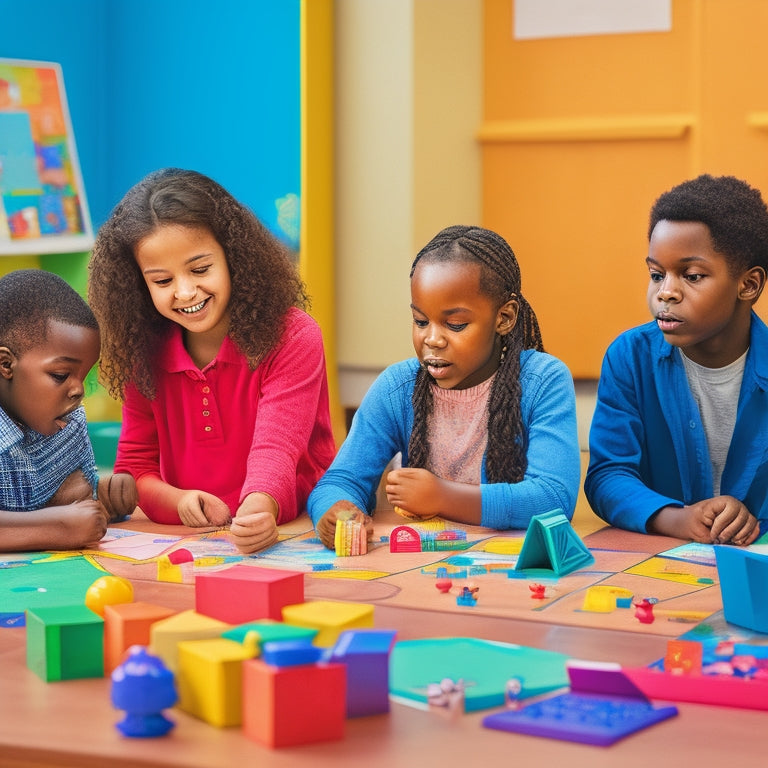 An illustration of a diverse group of students, aged 8-12, gathered around a table, engaged in various math games, with colorful blocks, puzzles, and charts surrounding them, amidst a bright and lively classroom.