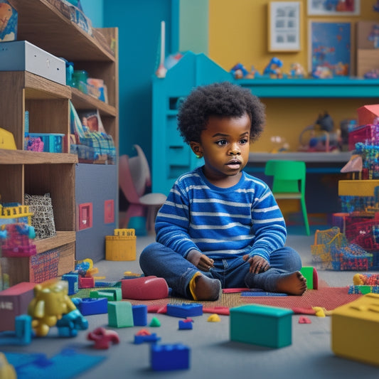 A colorful illustration of a focused child surrounded by scattered toys and digital devices, with building blocks and puzzles in the background, showcasing a calm and organized environment.
