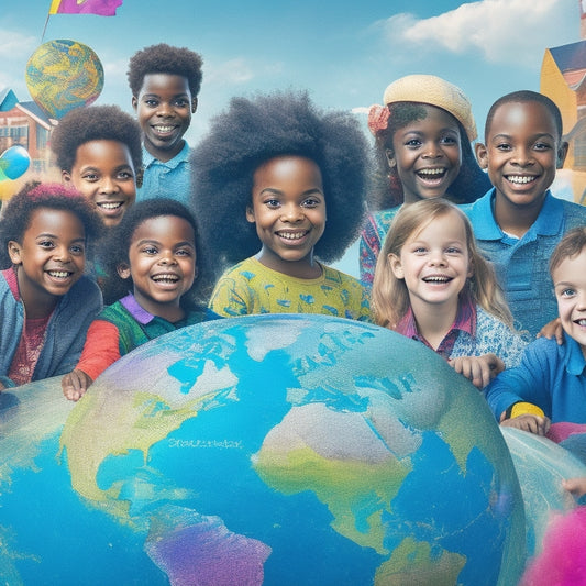 A whimsical illustration featuring a smiling, diverse group of children surrounded by colorful, swirling math symbols and language flags, with a subtle cityscape or globe in the background.