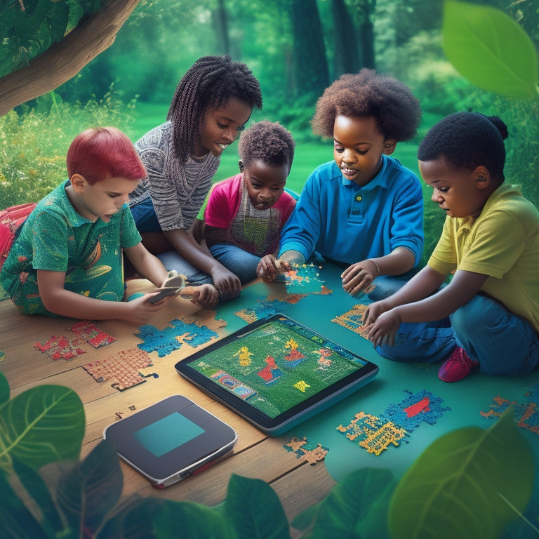 A colorful illustration of a diverse group of autistic children, each engaged with a tablet or laptop, surrounded by puzzles, shapes, and numbers, in a calm, natural environment with greenery and soft lighting.