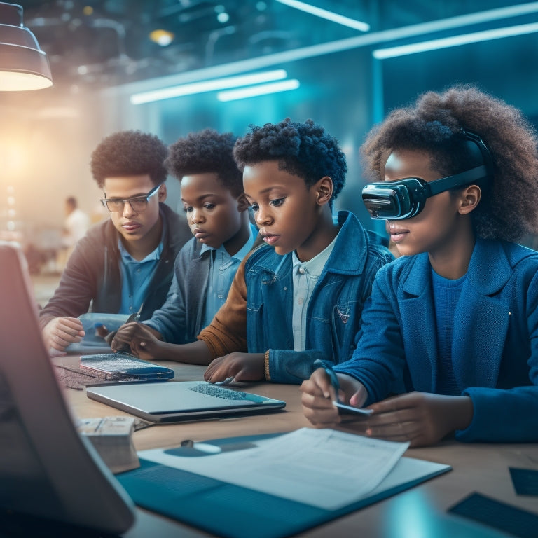 A futuristic classroom scene with robots, VR headsets, and tablets surrounded by diverse students and teachers collaborating, amidst a backdrop of neon lights, circuits, and coding symbols.
