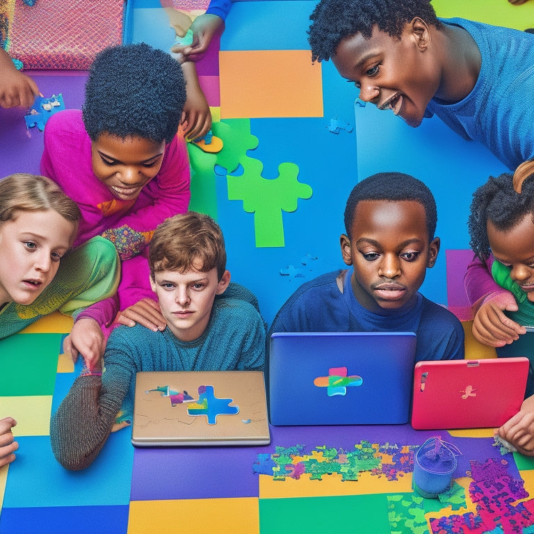 A colorful illustration of a diverse group of autistic students engaged in math activities on tablets and laptops, surrounded by puzzle pieces, math symbols, and subtle autistic pride flags in the background.