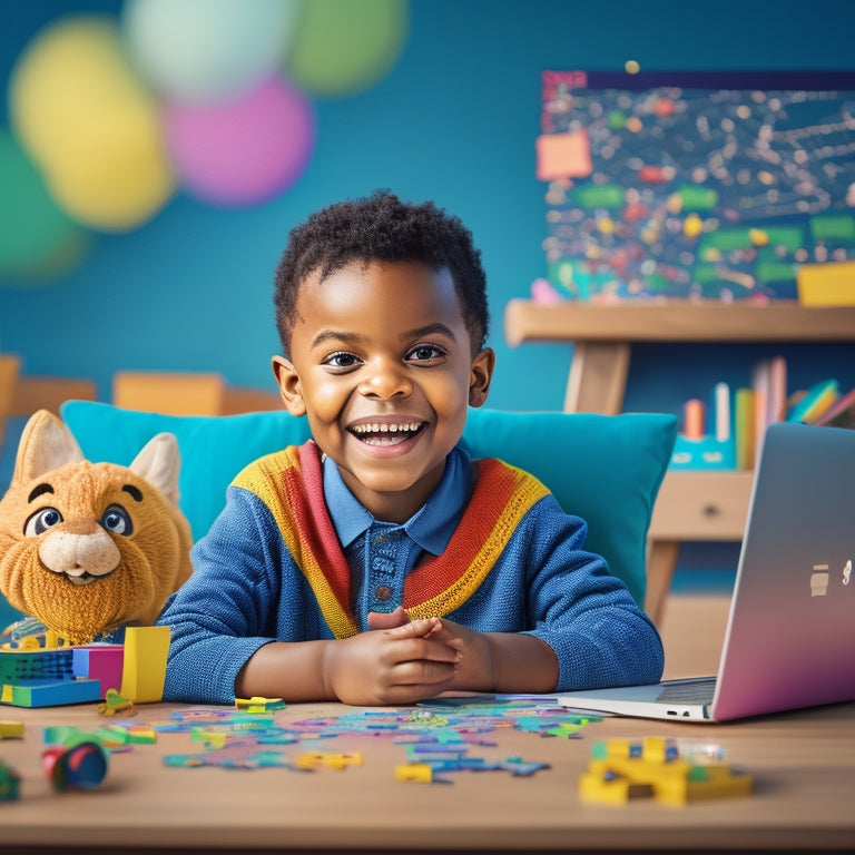A whimsical illustration of a smiling elementary-aged child sitting at a desk surrounded by colorful math tools, puzzles, and a laptop with a bright screen displaying a math problem.