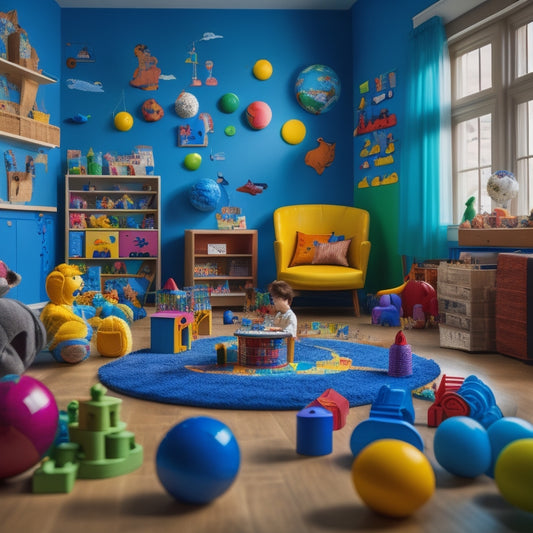 A colorful, clutter-free playroom with various educational toys, including building blocks, puzzles, and a globe, surrounded by happy, engaged children of different ages and abilities.