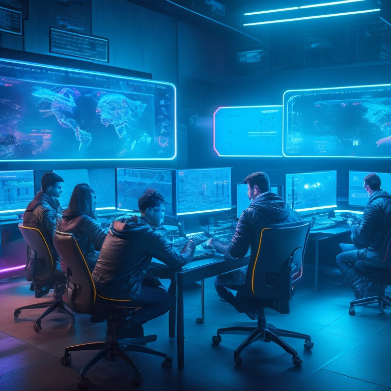 A futuristic, neon-lit classroom with students surrounded by screens displaying RPG game interfaces, coding lines, and STEM formulas, amidst scattered dice, game controllers, and futuristic gadgets.