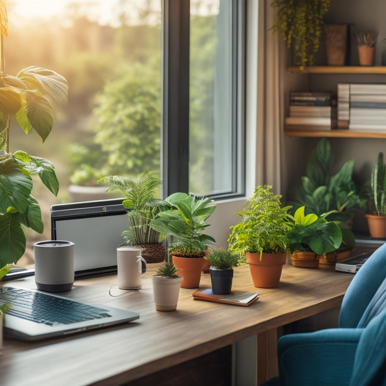 A serene home workspace with a laptop, headphones, and a calendar, surrounded by thriving plants, a cup of coffee, and a few neatly stacked books, with a subtle background of a cityscape.