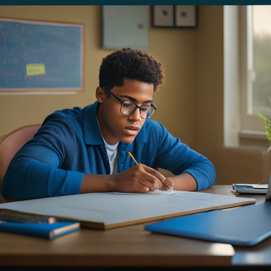 An illustration of a high school student sitting at a desk, surrounded by math textbooks and notes, with a tablet or laptop open to a video platform, featuring a chalkboard or whiteboard in the background.