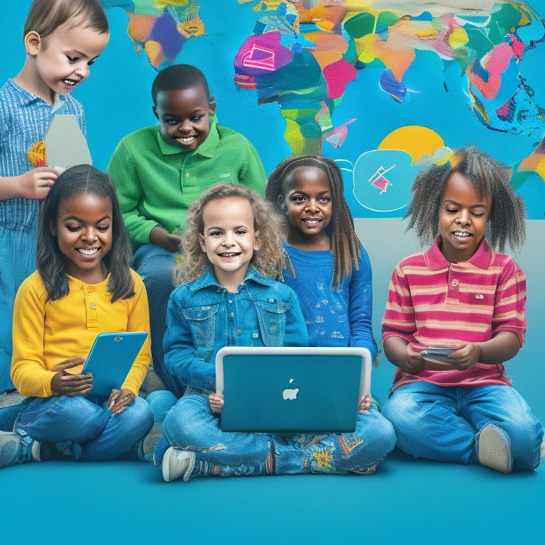 A colorful illustration of a diverse group of children aged 4-8, surrounded by tablets, laptops, and smartphones, engaged in various interactive language learning activities, with speech bubbles and icons representing languages.