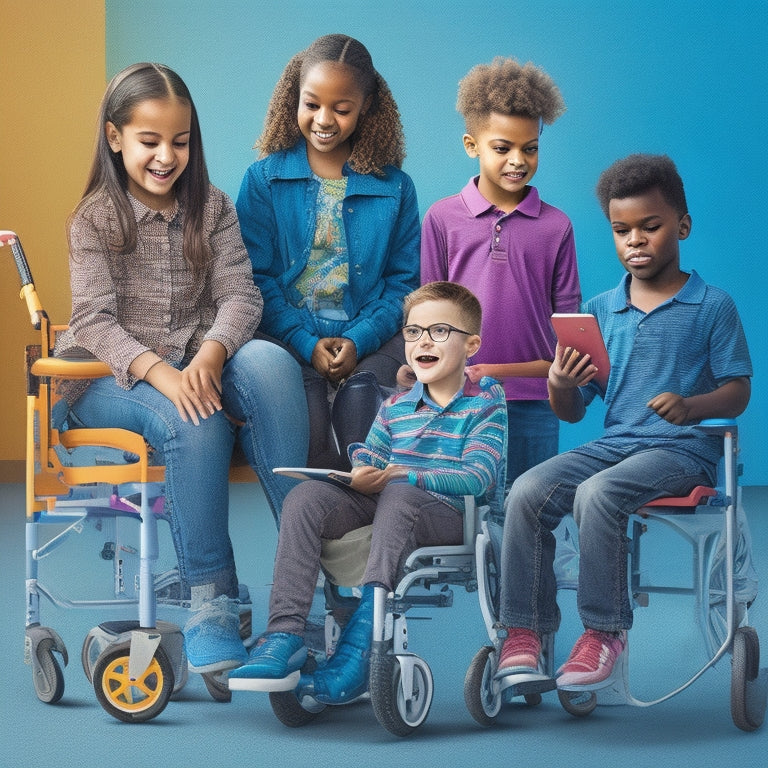 A colorful, vibrant illustration of diverse children with disabilities, including a girl in a wheelchair, a boy with a prosthetic leg, and a non-verbal student using a tablet, engaged in a virtual math class.