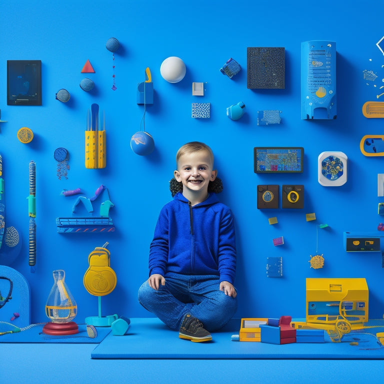 A colorful illustration of a child surrounded by various digital learning toys, with icons representing different age ranges and skill levels floating above each toy, set against a bright blue background with subtle circuit board patterns.