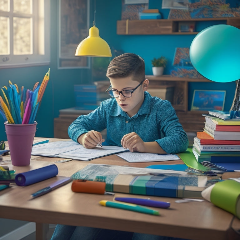 A colorful illustration of a middle schooler sitting at a desk surrounded by scattered papers and pens, with a tablet or laptop open to a digital textbook, featuring interactive diagrams and 3D models.