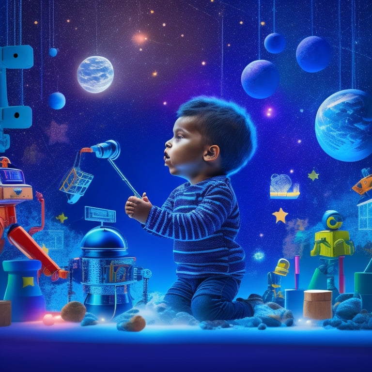 A colorful illustration of a curious kid surrounded by floating STEM icons (robots, coding blocks, microscopes, etc.) connected by glowing blue lines, set against a bright, starry night sky.