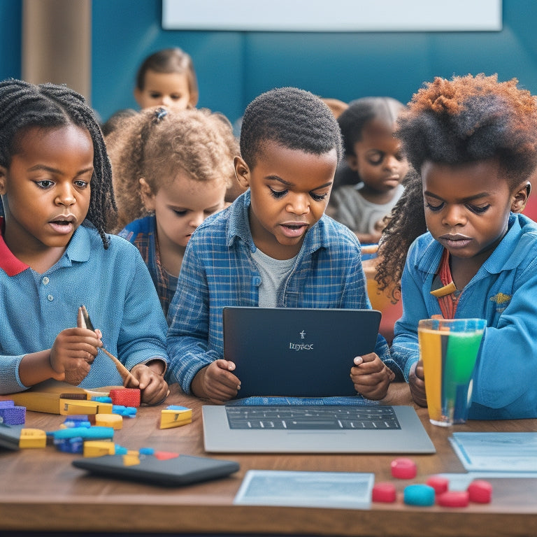 An illustration of a diverse group of children aged 6-12, surrounded by tablets, laptops, and math toys, engaged in collaborative learning activities with digital screens displaying math problems and interactive graphs.