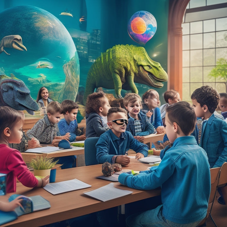 A vibrant, futuristic classroom with excited kids wearing VR headsets, surrounded by virtual globes, dinosaurs, and cityscapes, with a subtle glow of screens and a blurred teacher in the background.
