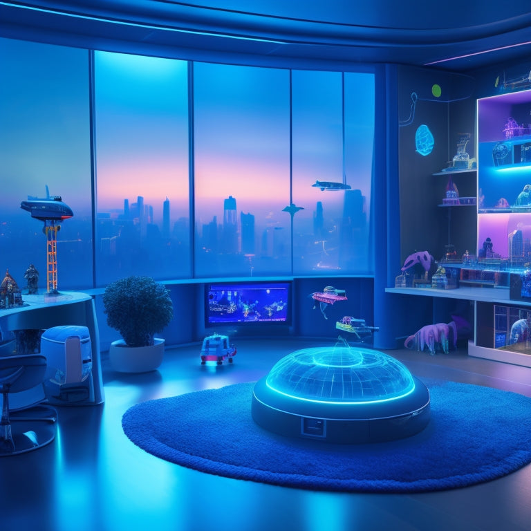 A futuristic playroom with hovering drones, robotic pets, and augmented reality toys surrounded by swirling circuits, microchips, and glowing screens, with a cityscape visible through the window.