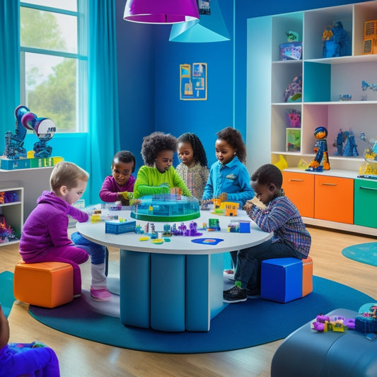 A colorful, clutter-free playroom with diverse kids aged 6-12 gathered around tables, intensely engaged with futuristic STEM toys, including robots, coding blocks, and a holographic display projecting 3D shapes.