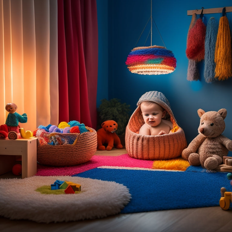 A serene, natural-lit play area with a baby surrounded by Montessori-inspired toys and objects, such as wooden blocks, woven baskets, and a sensory mat with colorful, arranged pom-poms.