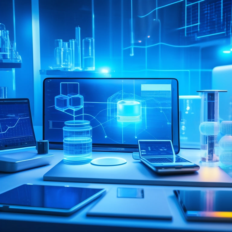 A futuristic laboratory background with various digital devices, including a tablet displaying a 3D molecular model, a laptop showing a data visualization graph, and a smartphone with a science app interface.