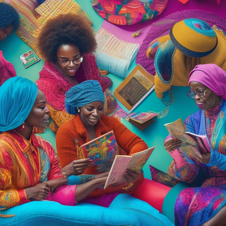 A vibrant illustration of diverse women from various ages and cultures engaging with digital devices, surrounded by swirling patterns of magazines, books, and colorful shapes, symbolizing empowerment and connectivity.