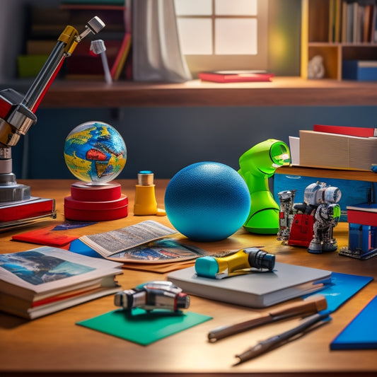 A colorful, clutter-free desk with a microscope, globe, and stack of books surrounded by scattered puzzle pieces, a robot toy, and a partially completed brain teaser, lit by a warm, soft light.