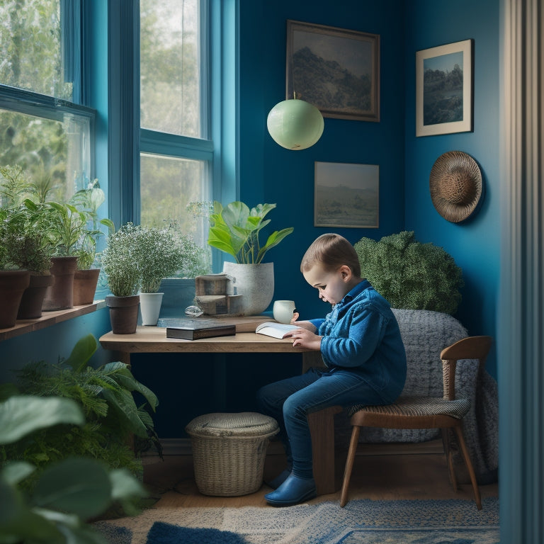 A serene, natural-lit home study nook with a wooden desk, a child surrounded by open books, a globe, and a small potted plant, amidst a subtle, calming background of soft blue and green hues.