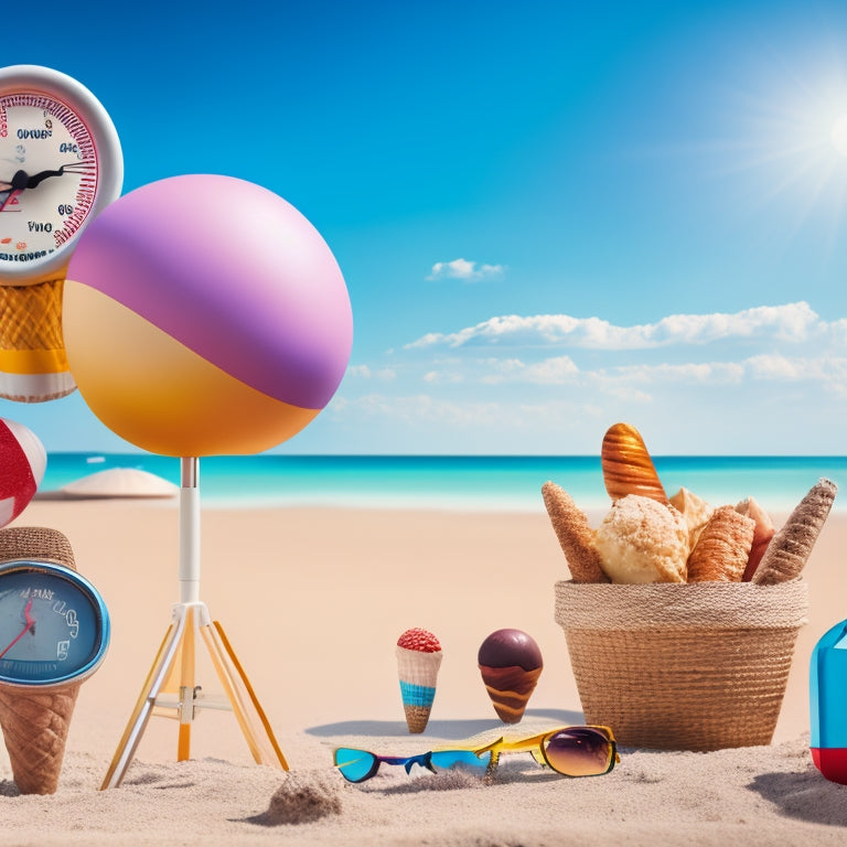 A scenic summer landscape with a thermometer in the foreground, its mercury rising high, surrounded by icons of popular summer activities like beach balls, sunglasses, and ice cream cones.